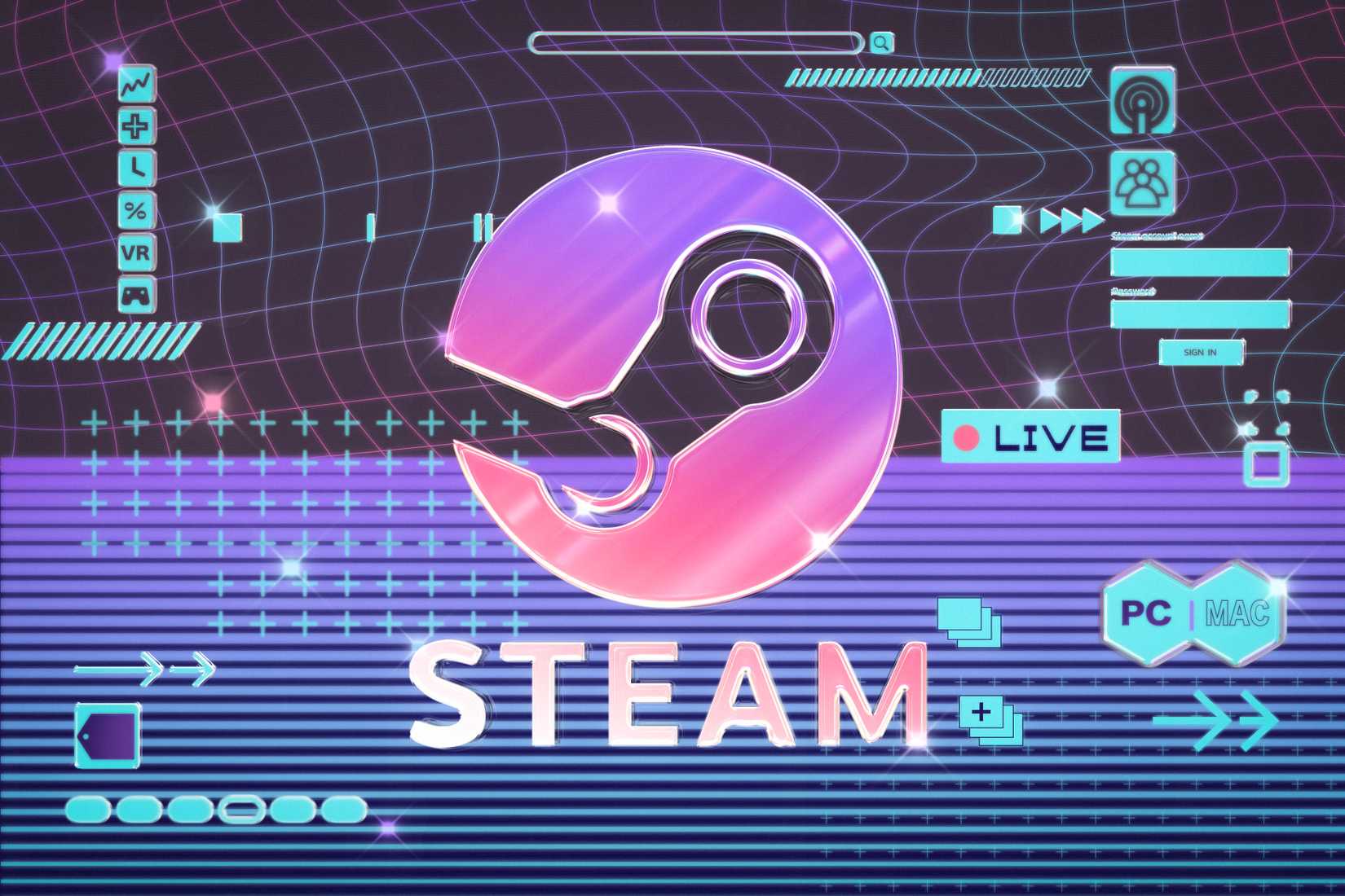 Colorful, graphic illustration of Steam logo