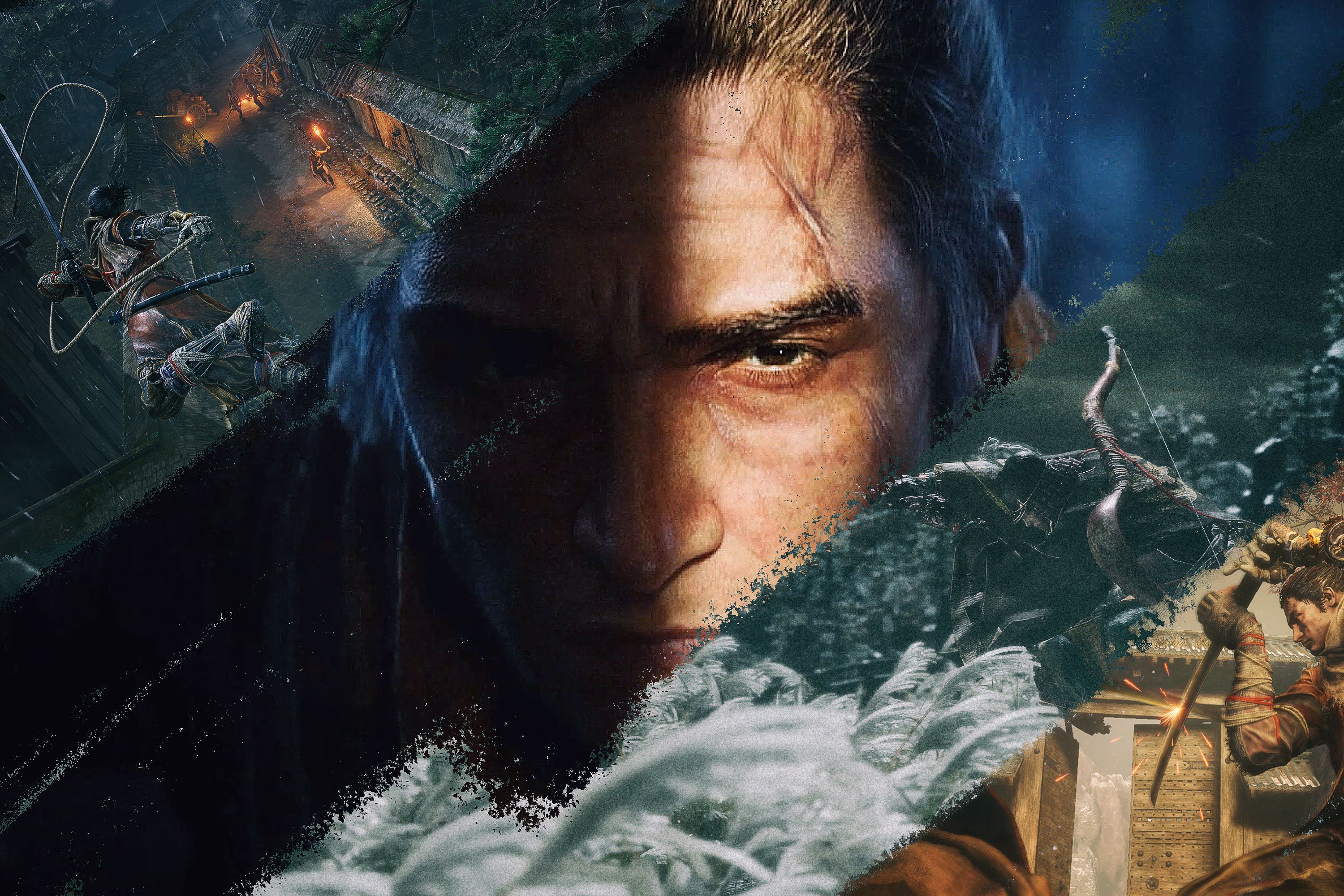 a collage of different scenes from Sekiro: Shadows Die Twice video game