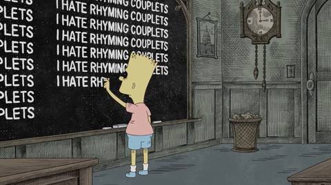 Bart at the chalkboard as a Gorey drawing in The Simpsons season 33