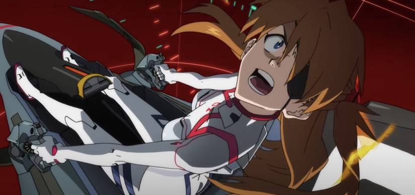 A distorted, eyepatch-wearing Asuka screams in Evangelion 1.0+3.0: Thrice Upon a Time