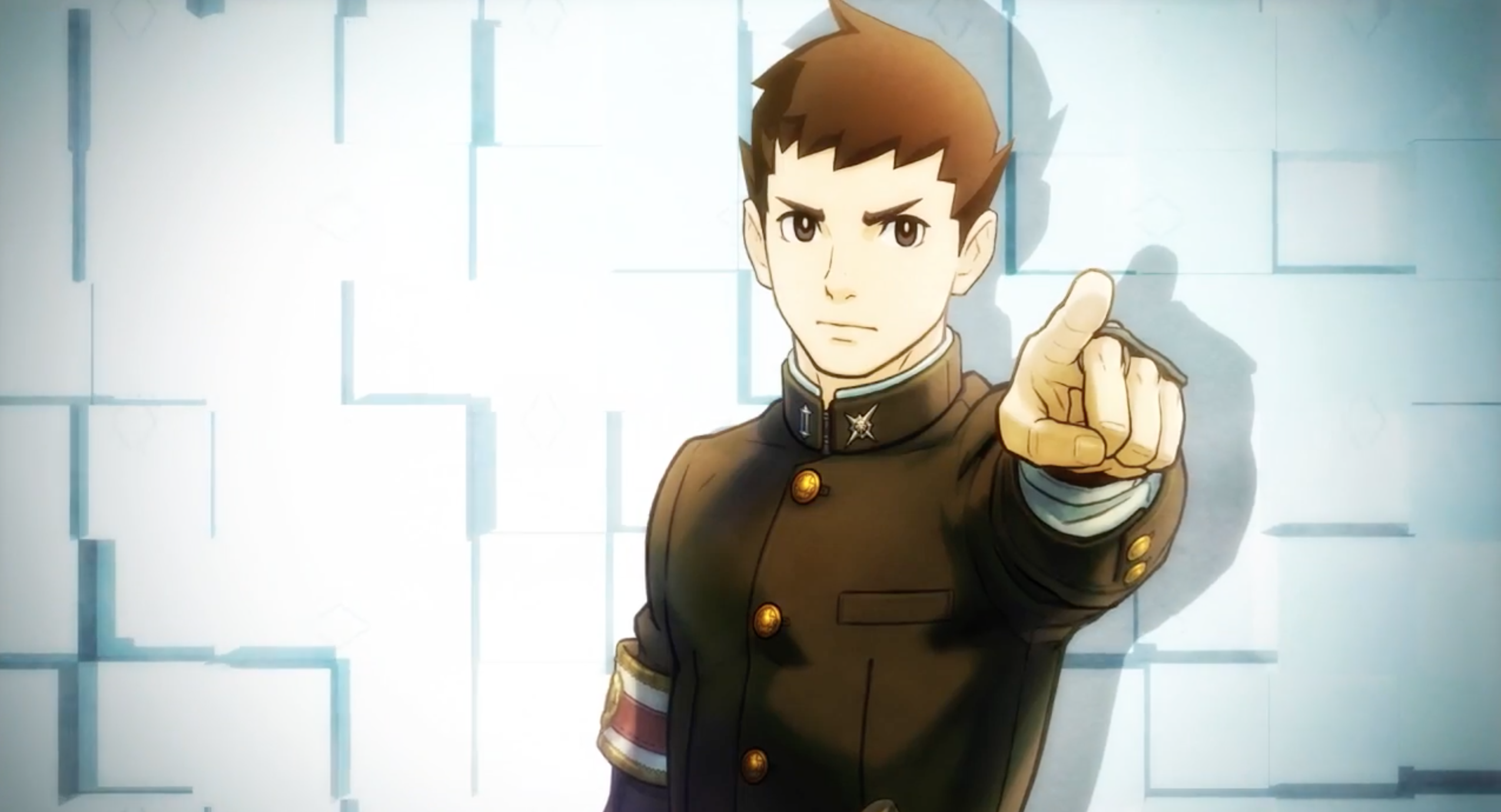 Ryunosuke Naruhodo, protagonist of The Great Ace Attorney Chronicles, points at someone off-screen
