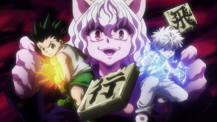 a white catlike person looms over two small children running