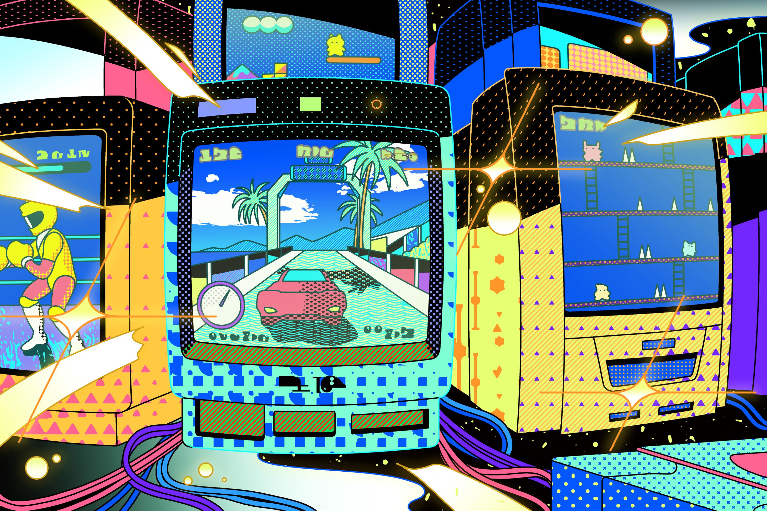 Illustration of vintage CRT game screens in various shapes and sizes and colors