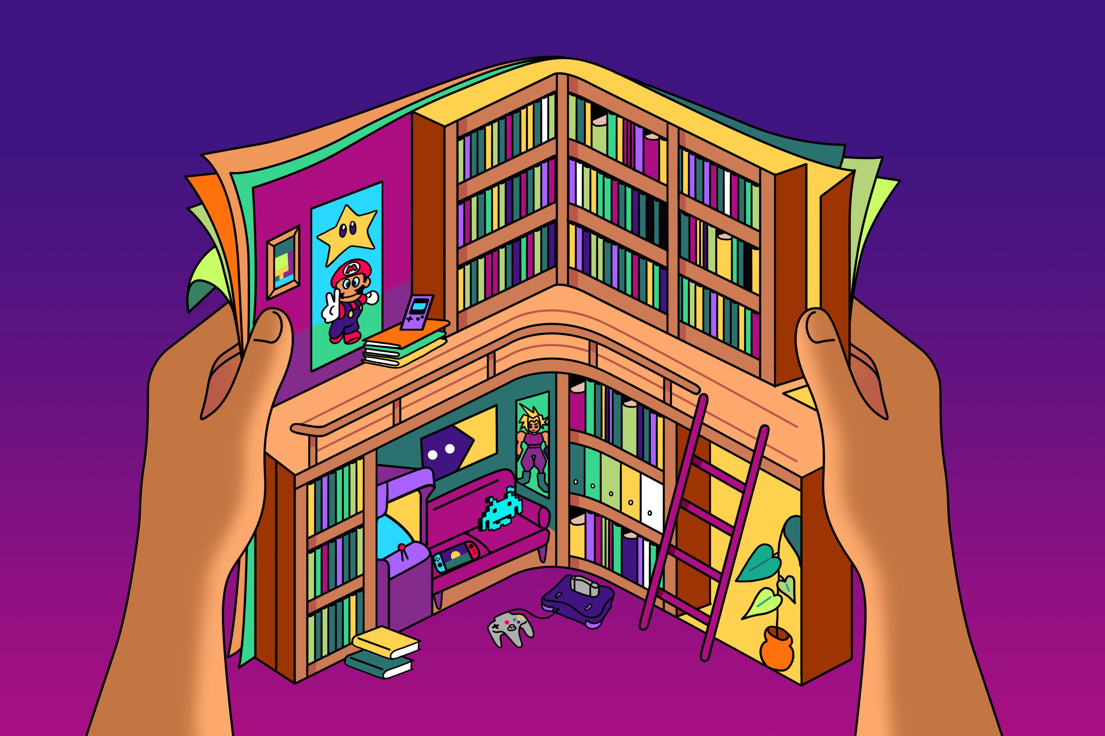 Illustration of two hands holding an open magazine with a library inside
