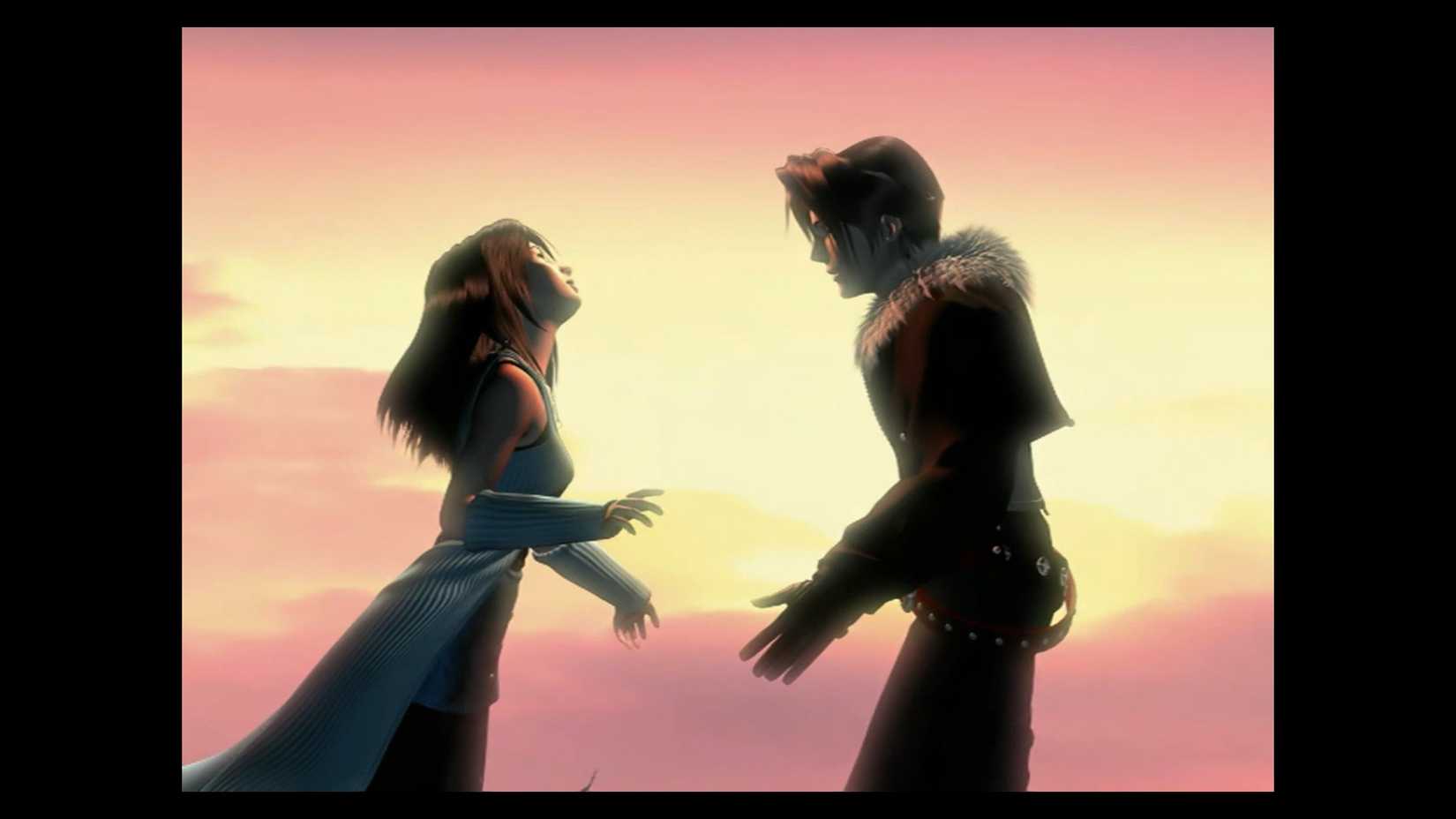 Squall and Rinoa sharing a tender moment in Final Fantasy VIII Remastered