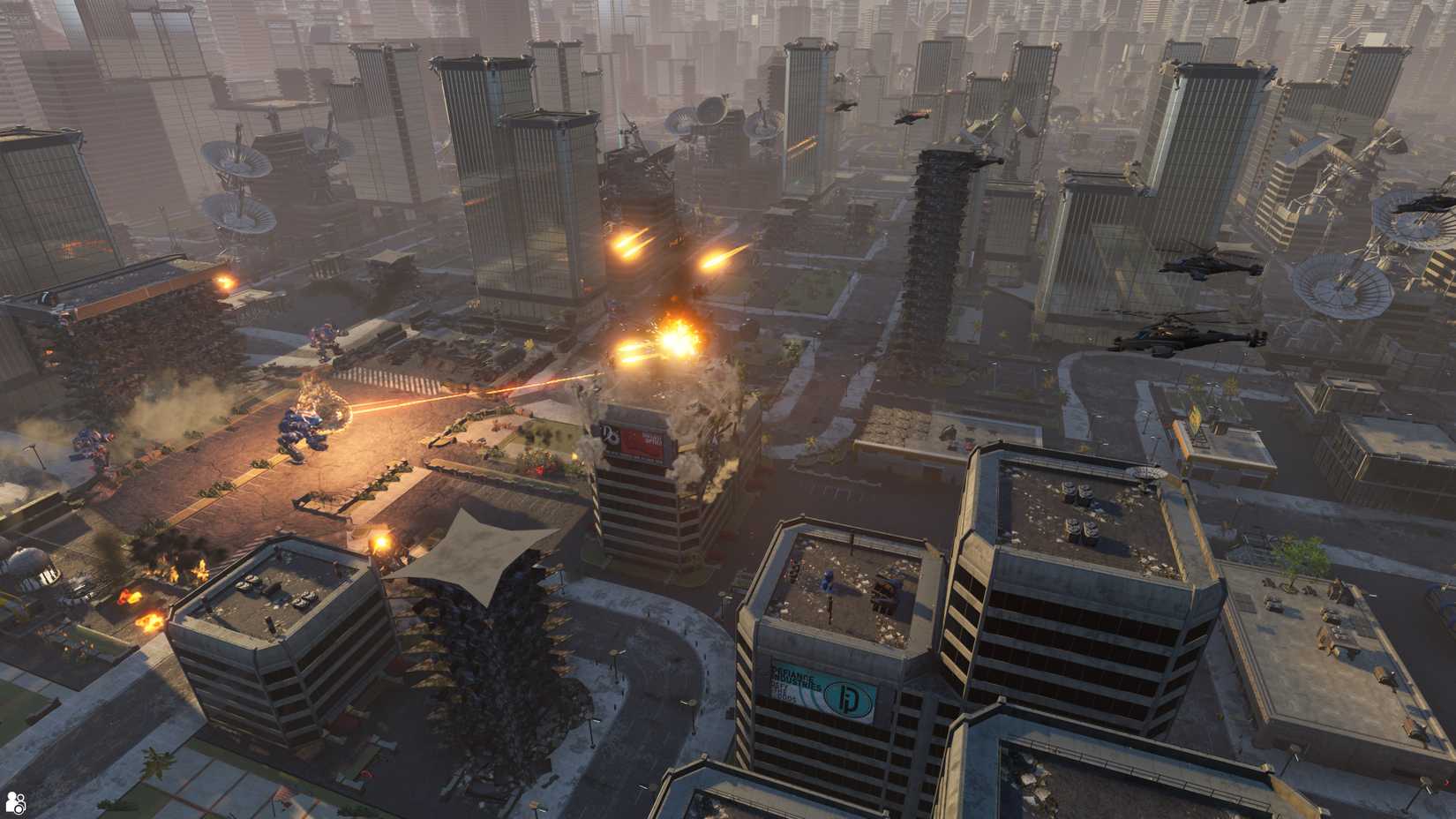 An aerial view of a pitched battle in a large, glistening, futuristic city. The buildings stretch to the horizon.