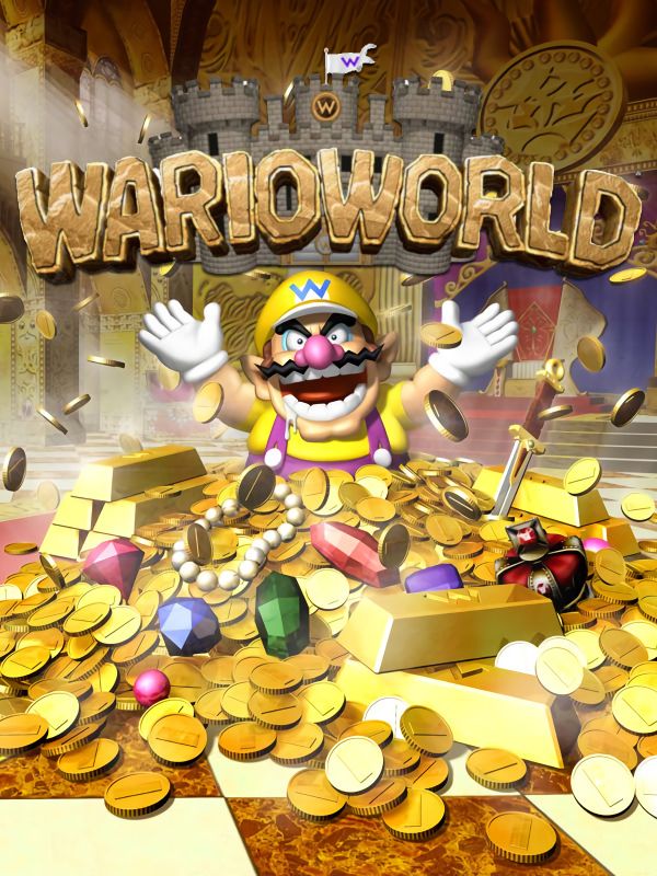 Cover for the Gamecube game Wario World, showing Wario surrounded by riches and tossing coins into the air
