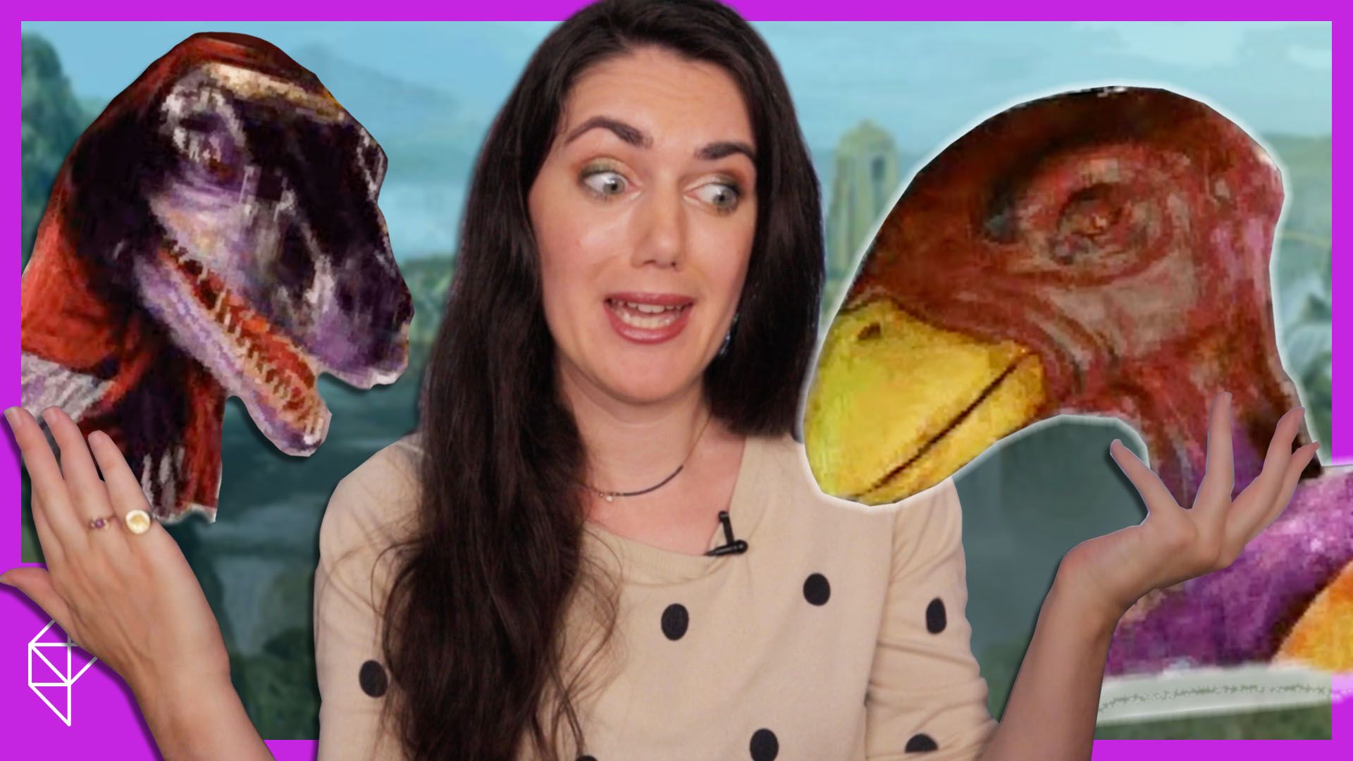 Simone posing with two dinosaur puppets, looking confused but delightfed