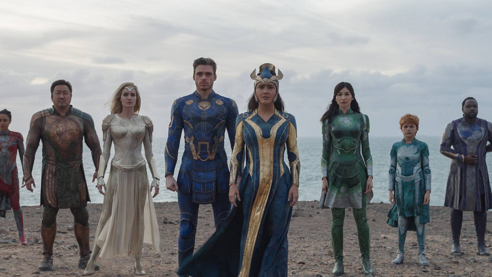 Salma Hayek,&nbsp;Angelina Jolie,&nbsp;Richard Madden,&nbsp;Gemma Chan,&nbsp;Ma Dong-seok,&nbsp;Brian Tyree Henry,&nbsp;Kumail Nanjiani,&nbsp;Lauren Ridloff,&nbsp;Barry Keoghan, and&nbsp;Lia McHugh&nbsp;in&nbsp;Eternals (2021)