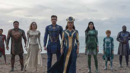 Salma Hayek, Angelina Jolie, Richard Madden, Gemma Chan, Ma Dong-seok, Brian Tyree Henry, Kumail Nanjiani, Lauren Ridloff, Barry Keoghan, and Lia McHugh in Eternals (2021)