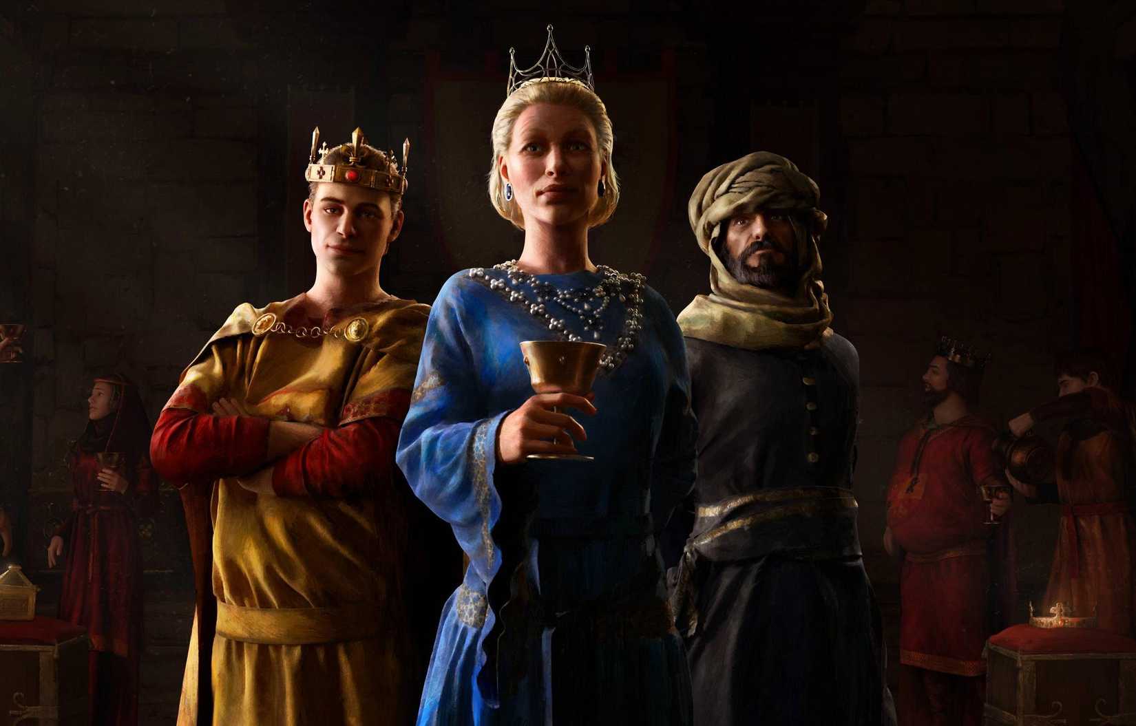 Crusader Kings 3: Royal Court - A lady and two lords pose in the key art for the game’s expansion
