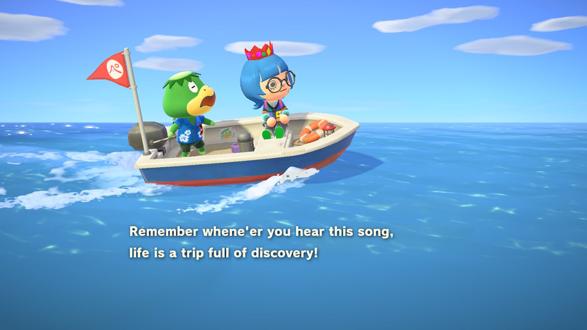 A player on a boat with Kapp’n singing his song in Animal Crossing: New Horizons