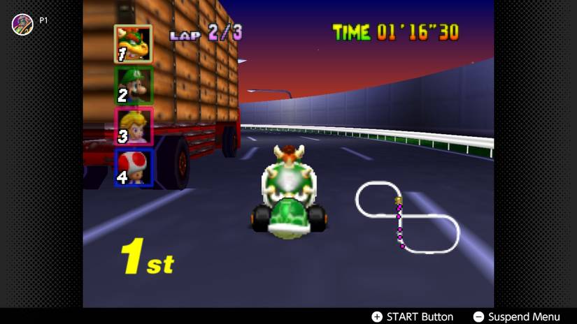 Bowser races on the streets in Mario Kart 64