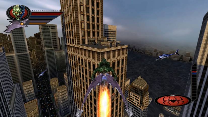 Green Goblin flies over New York in a still from Spider-Man (2002)