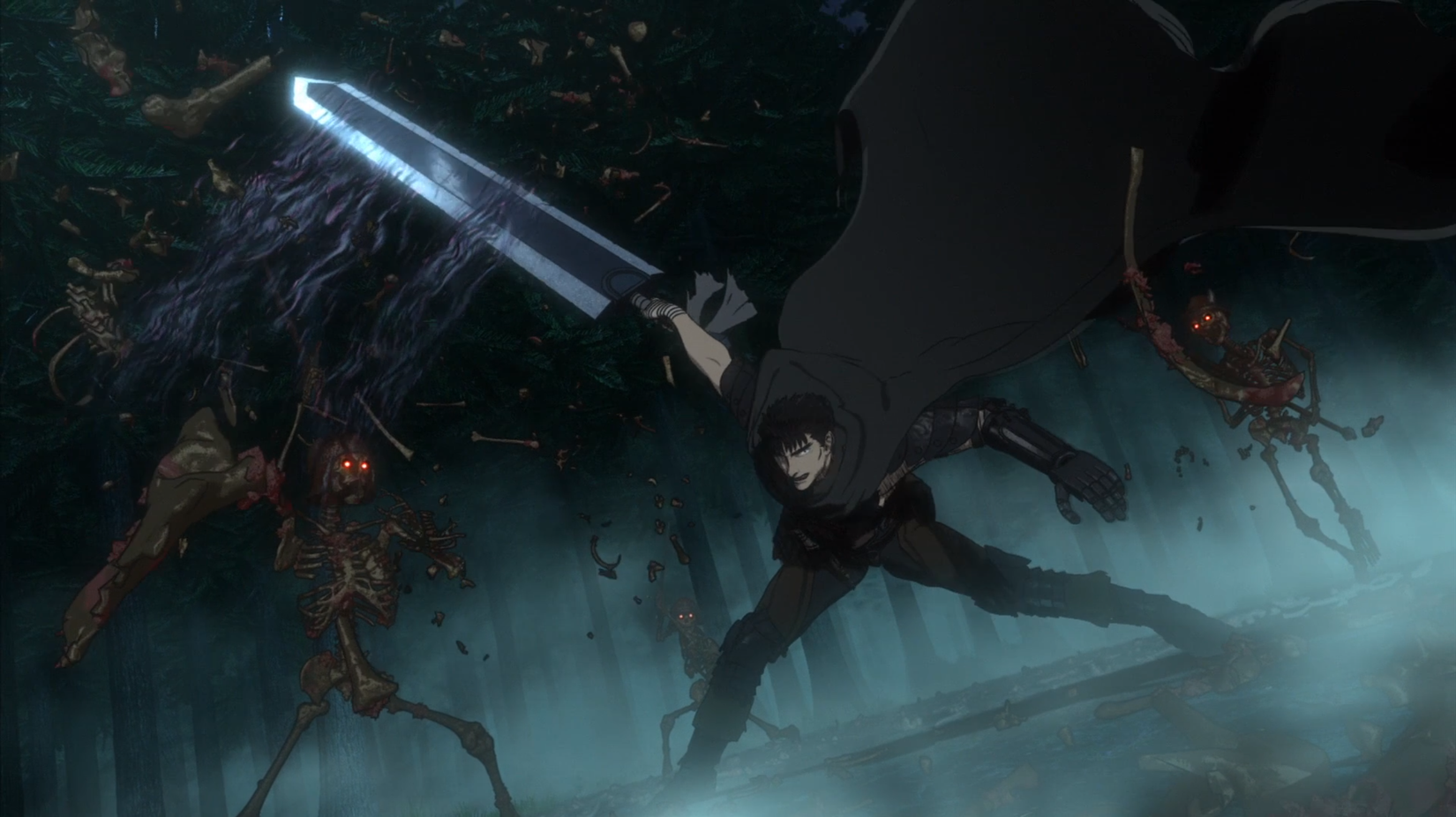 A still of Guts cutting open monsters from Berserk