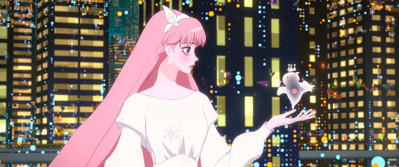 The protagonist of Mamoru Hosoda’s Belle, a pink-haired woman with elaborate facial tattoos, examines a small transparent angel-ghost perched on her hand