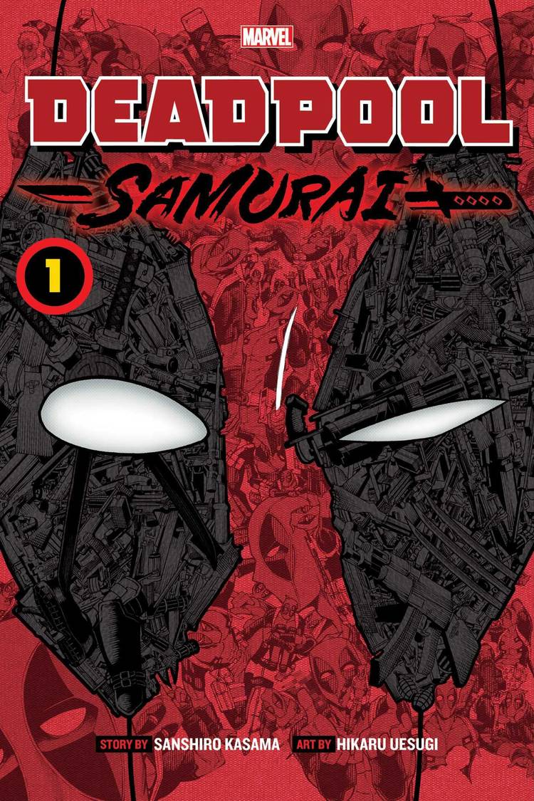 The shape of Deadpool’s face is built from a pile of hundreds of guns on the cover of Deadpool Samurai Vol 1 (2022). 