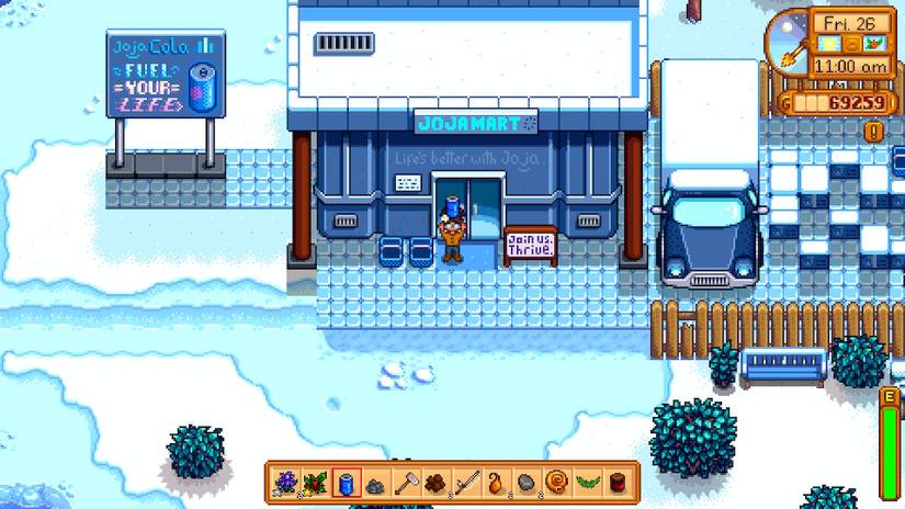 a stardew valley character standing in front of the jojamart, a supermarket