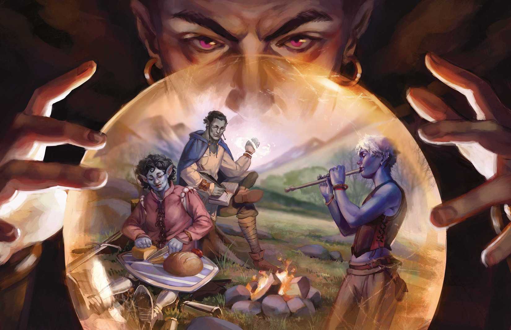 Mordenkainen stares into a crystal ball. Inside, a group of adventurers has a picnic.