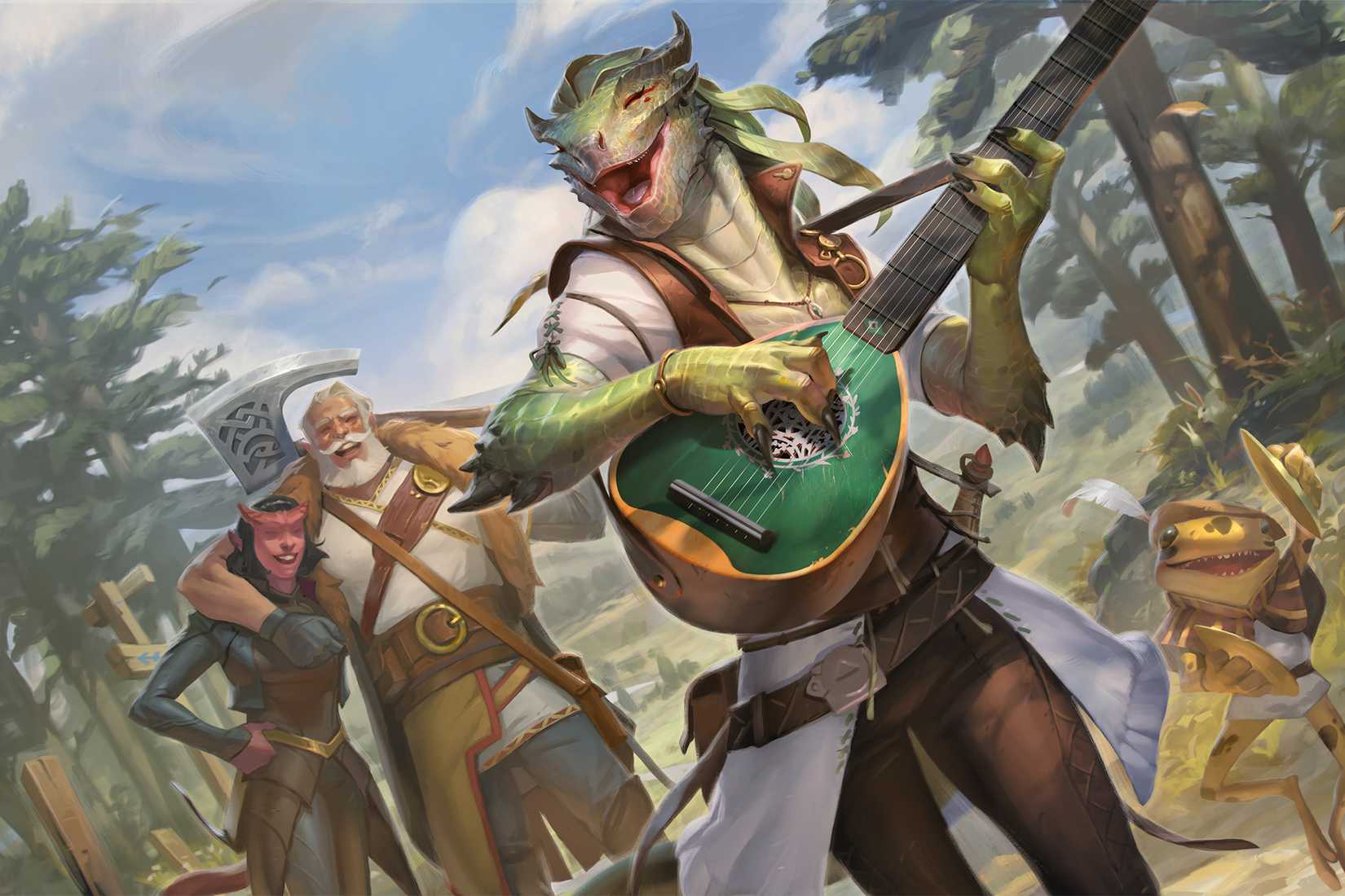 A female-presenting dragonborn bard regales her party with a song.
