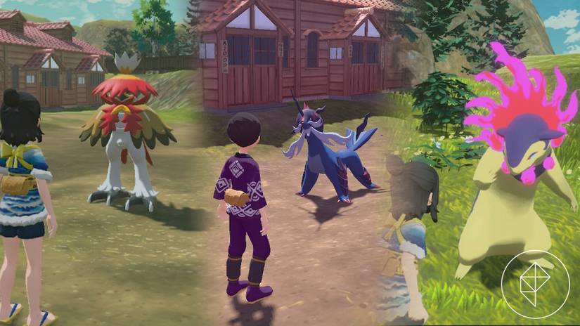 Pokémon trainers standing in front of Hisuian Typhlosion, Decidueye, and Samurott