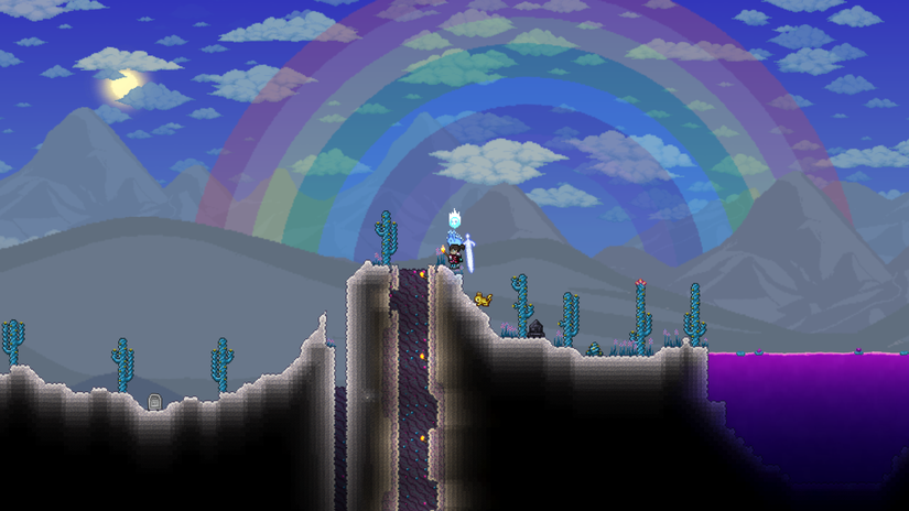A Terraria character exploring a biome influenced by The Hallow