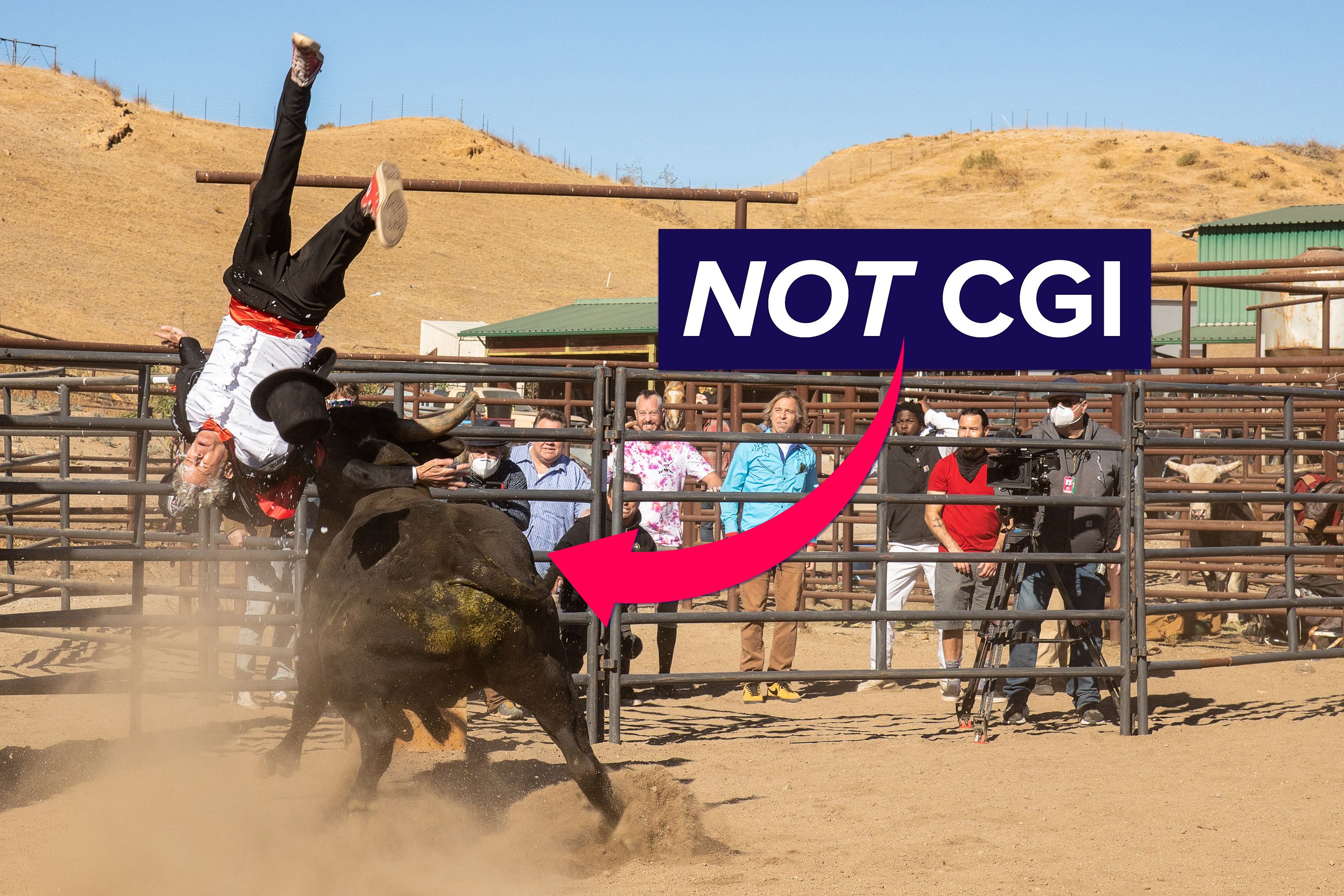 a man being thrown in the air by a bull with a graphic arrow pointing at the bull and the words “NOT CGI” in a box by the arrow