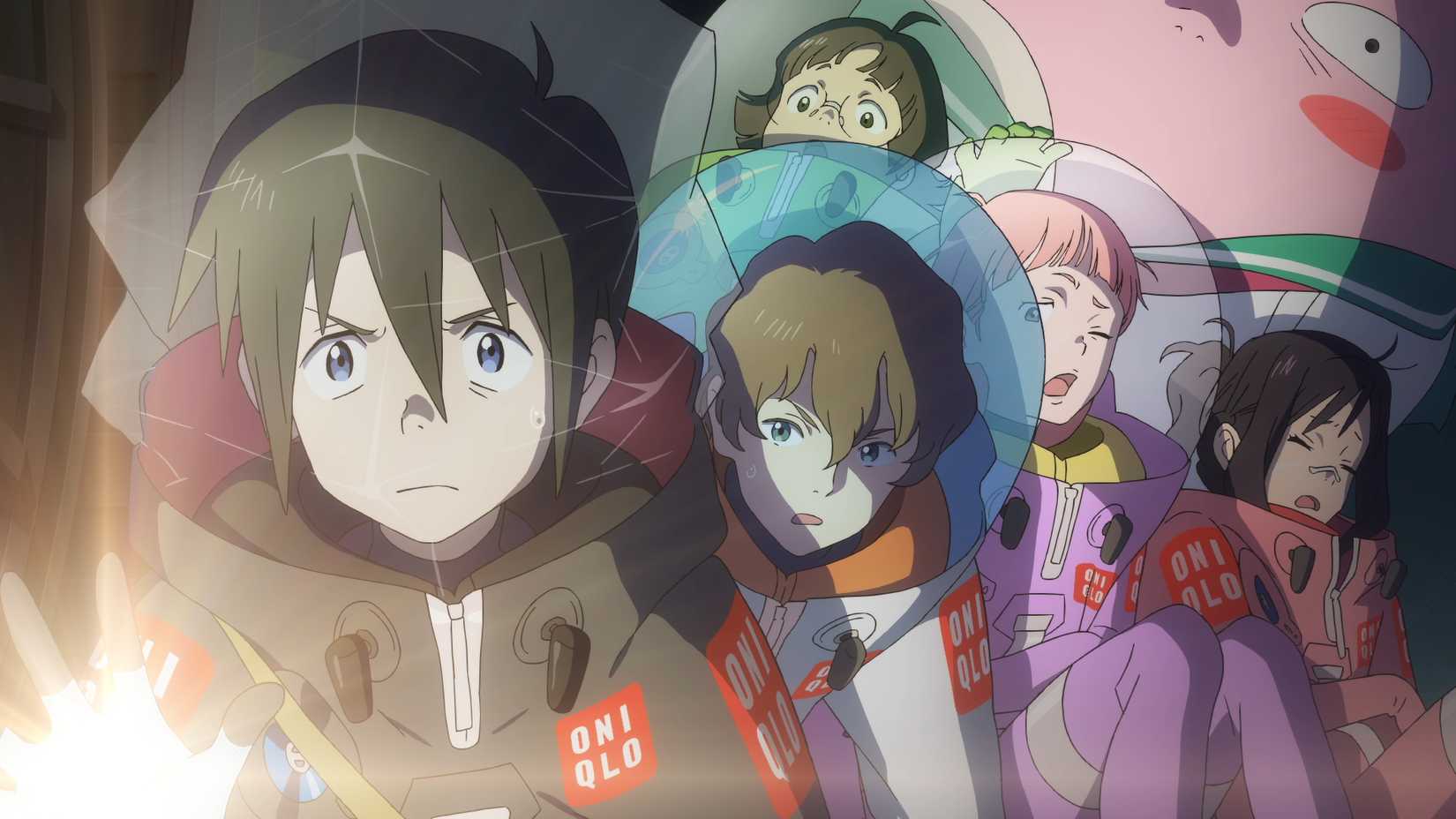 (L-R) Touya, Taiyo, Hiroshi, Nasa, Mina, and Anshinkun in The Orbital Children.