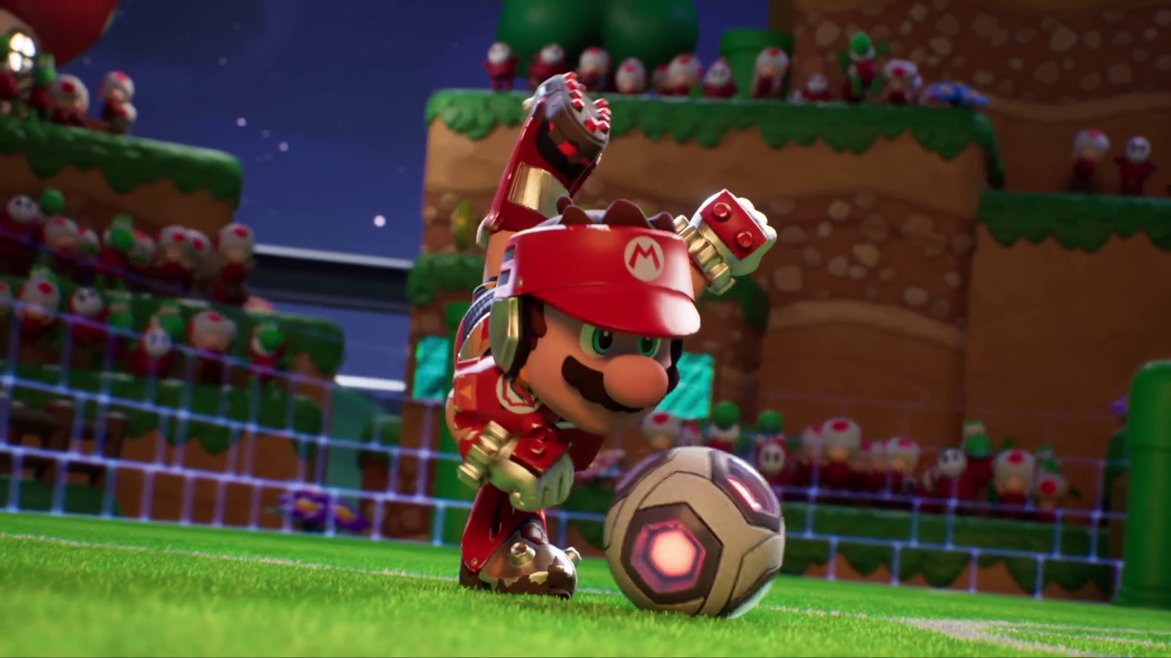 An armored Mario prepares to kick a soccer ball in Mario Strikers: Battle League