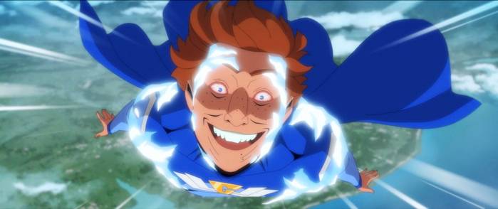 Un superhéroe en The Boys: Diabolical colocado en V y volando sobre una ciudad