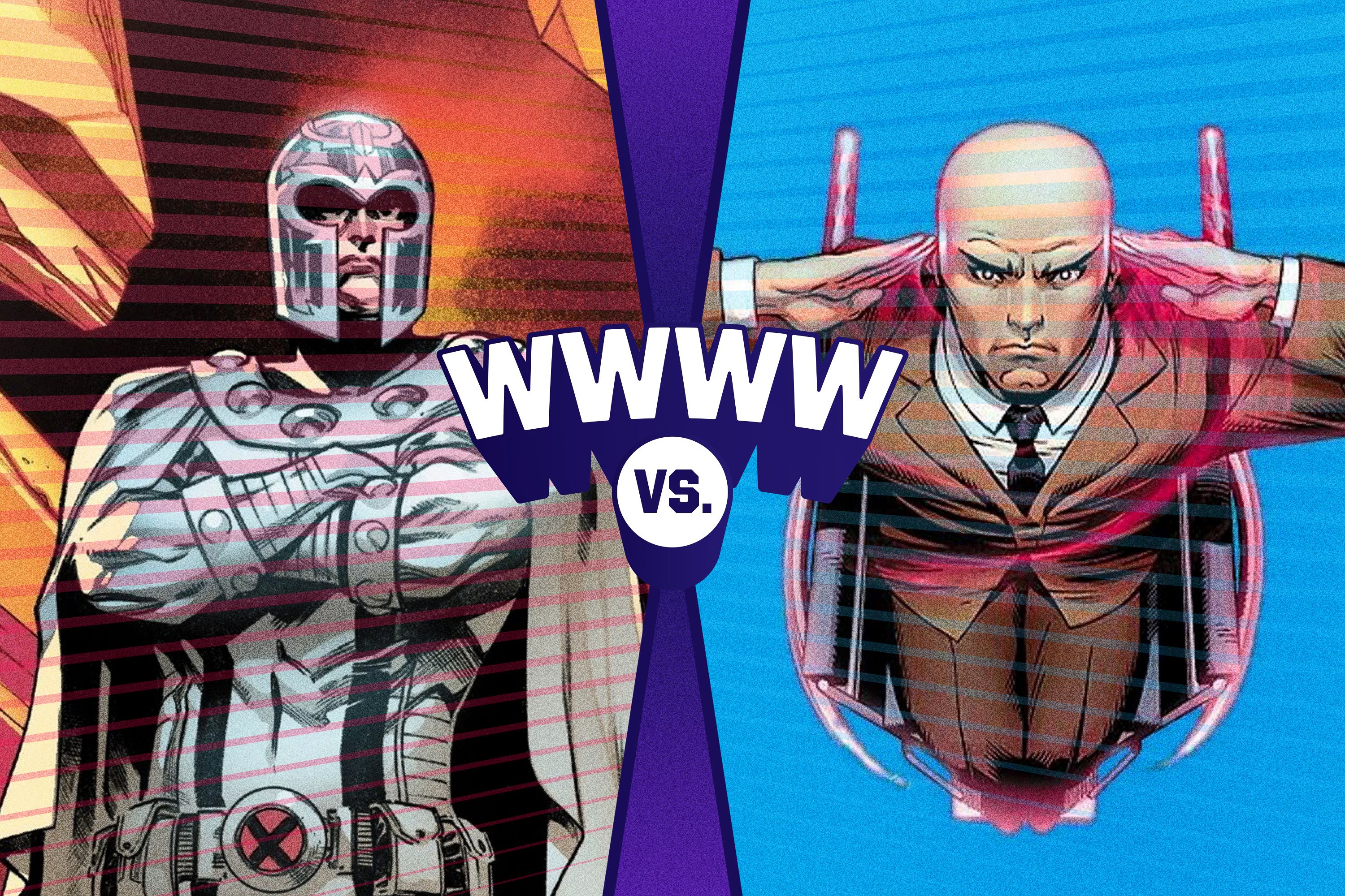 Graphic illustration with the letters WWWW vrs. in the center and images of Mutant characters Magneto and Professor X left and right