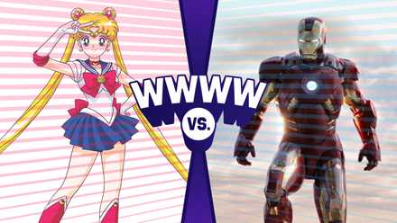 Graphic illustration with the letters WWWW vrs. in the center and images of Sailor Moon and Ironman left and right