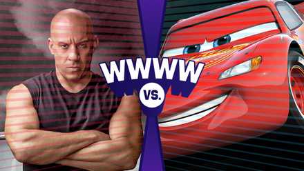 Graphic illustration with the letters WWWW vrs. in the center and images of actor Vin Diesel and Lighting McQueen character from Pixar’s Cars left and right