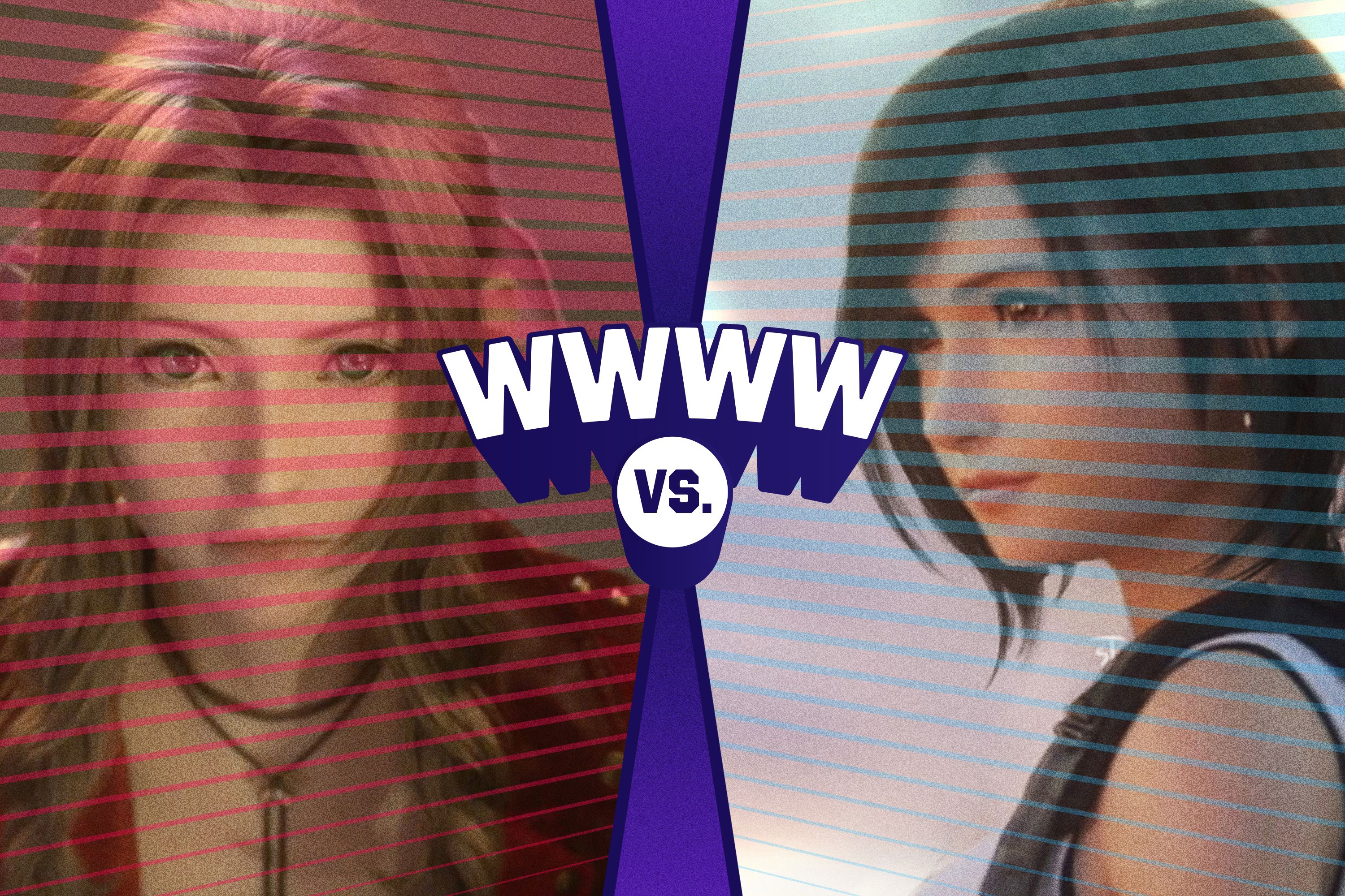 Graphic illustration with the letters WWWW vrs. in the center and images of Aeris and Tifa left and right
