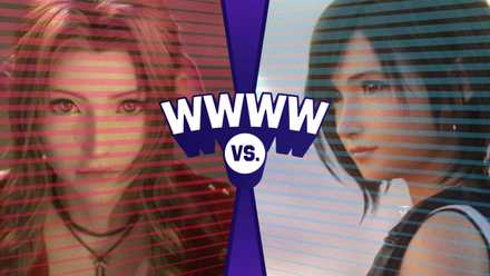 Graphic illustration with the letters WWWW vrs. in the center and images of Aeris and Tifa left and right