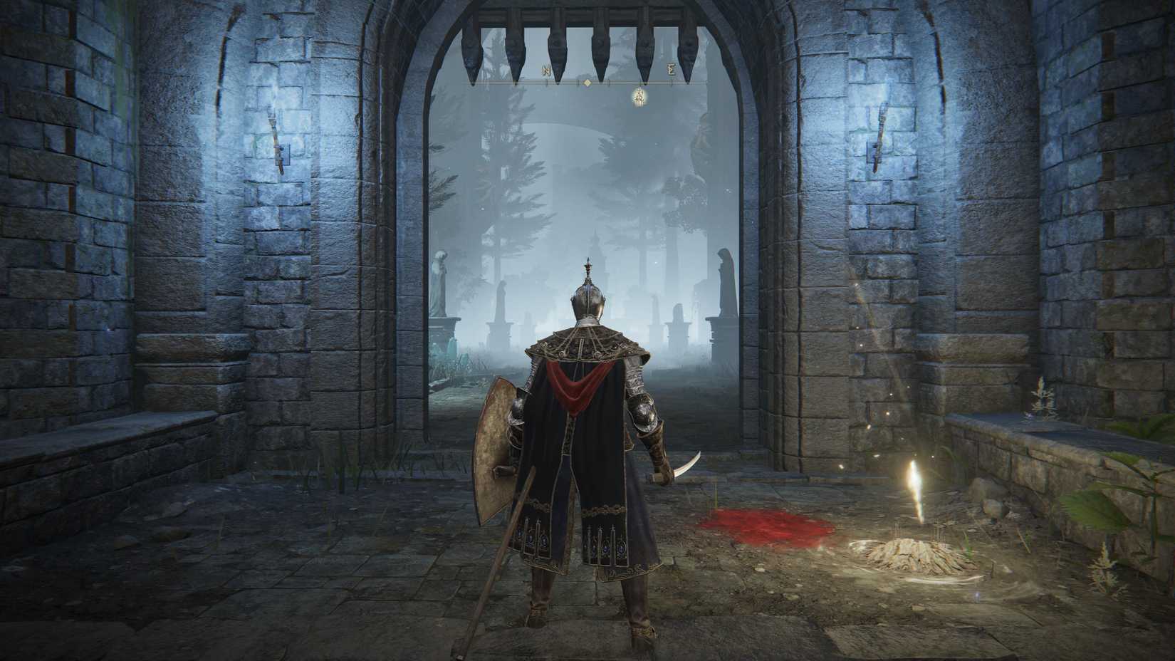 Standing in front of the gate entrance to Caria Manor, a dungeon in Elden Ring’s Liurnia of the Lakes region