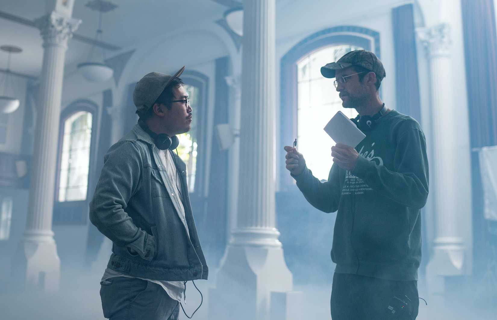 Daniel Kwan and Daniel Scheinert on an all-white set for Everything Everywhere All At Once