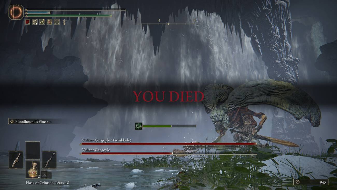 Elden Ring tells me “You Died” while the Valiant Gargoyles stand triumphant in the background