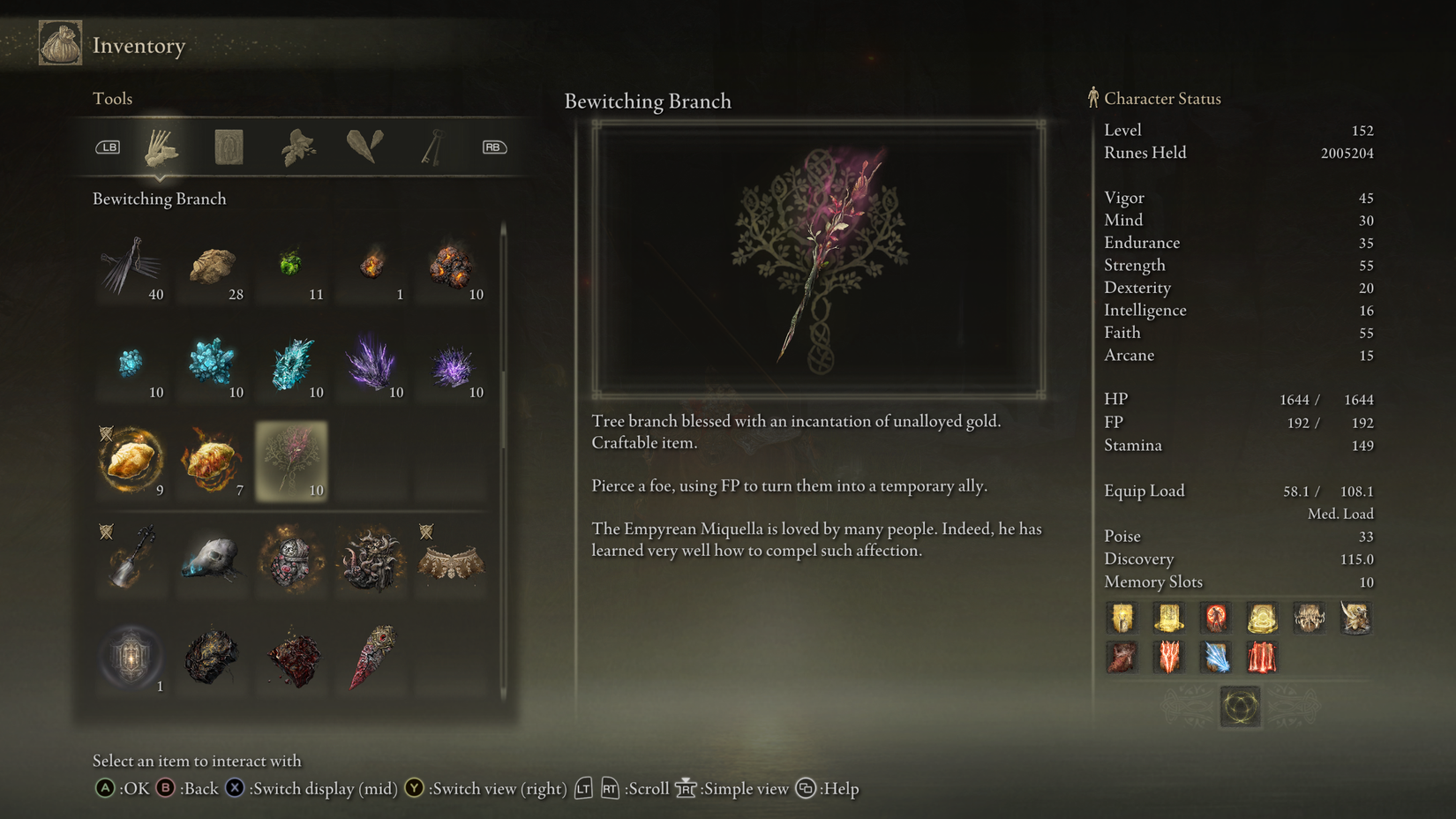 Elden Ring screenshot showing the Bewitching Branch item in a player’s inventory