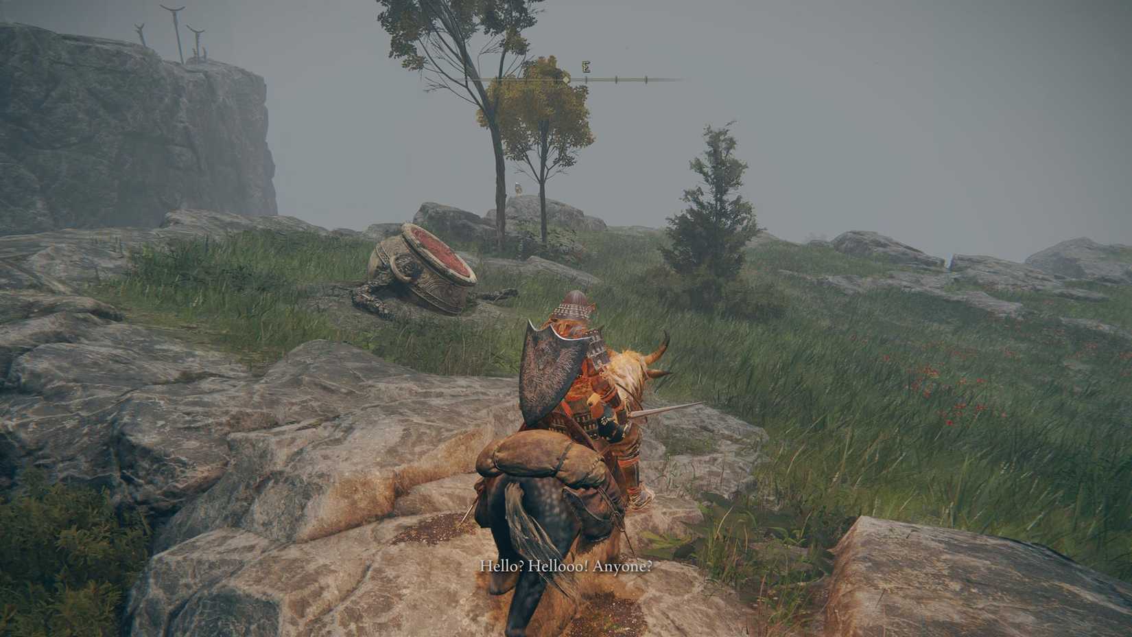 Elden Ring player riding Torrent and meeting Iron Fist Alexander who is stuck in the ground.
