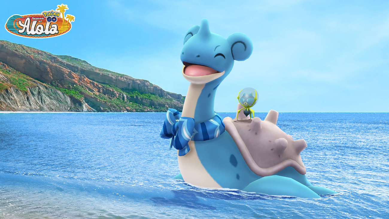 A Dewpider rides on the back of a happy Lapras