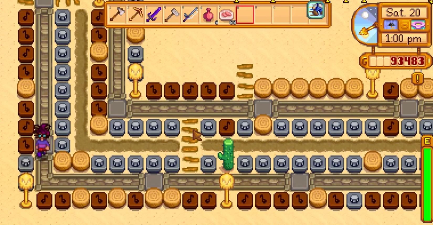 A stardew valley player standing before a path flanked by numerous flute and drum blocks.