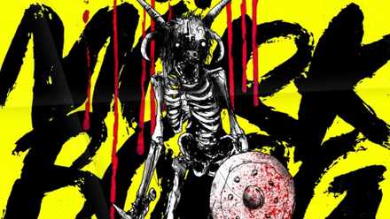 Image: MORK BORG a skeleton stands with a simple shield against a stark yellow background