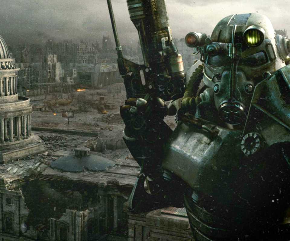 Artwork from Fallout 3 of a Brotherhood of Steel member standing in front of the destroyed Capitol building in Washington, D.C.