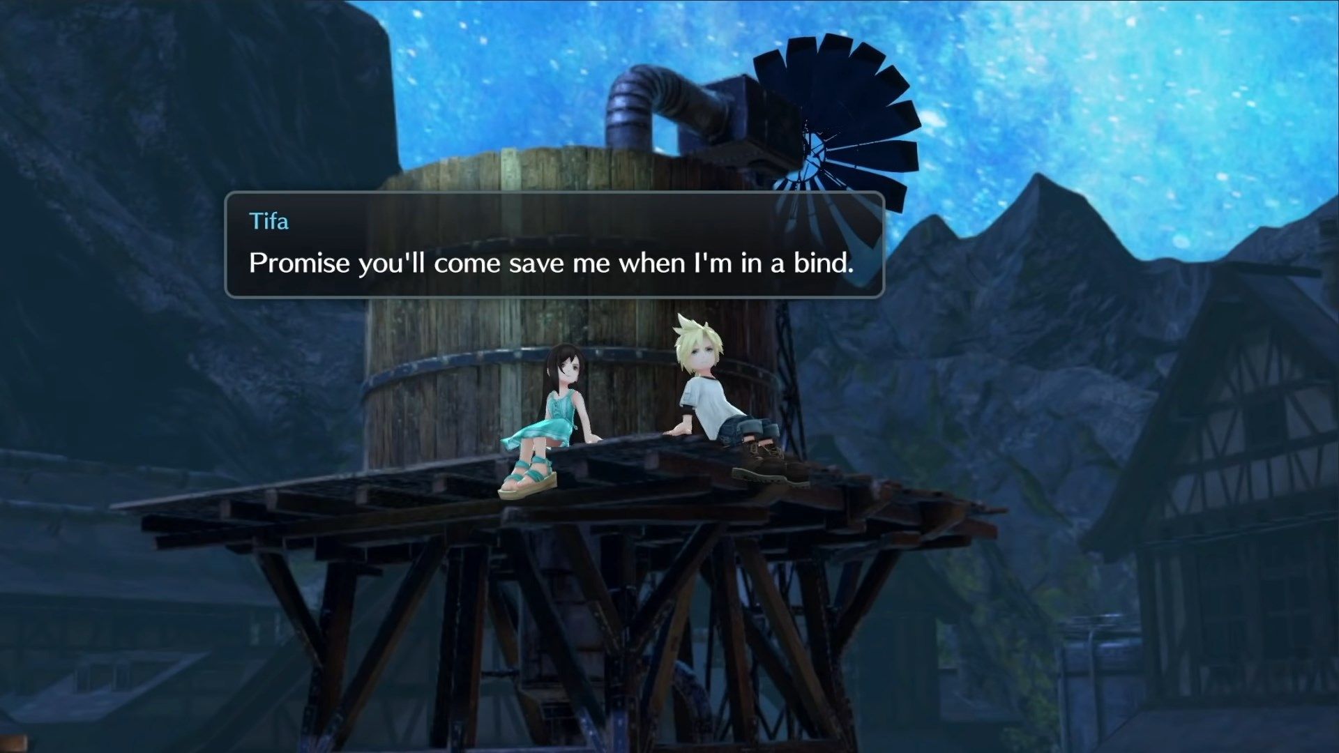 Young Cloud and Tifa sit on the water tower in Final Fantasy 7 Ever Crisis