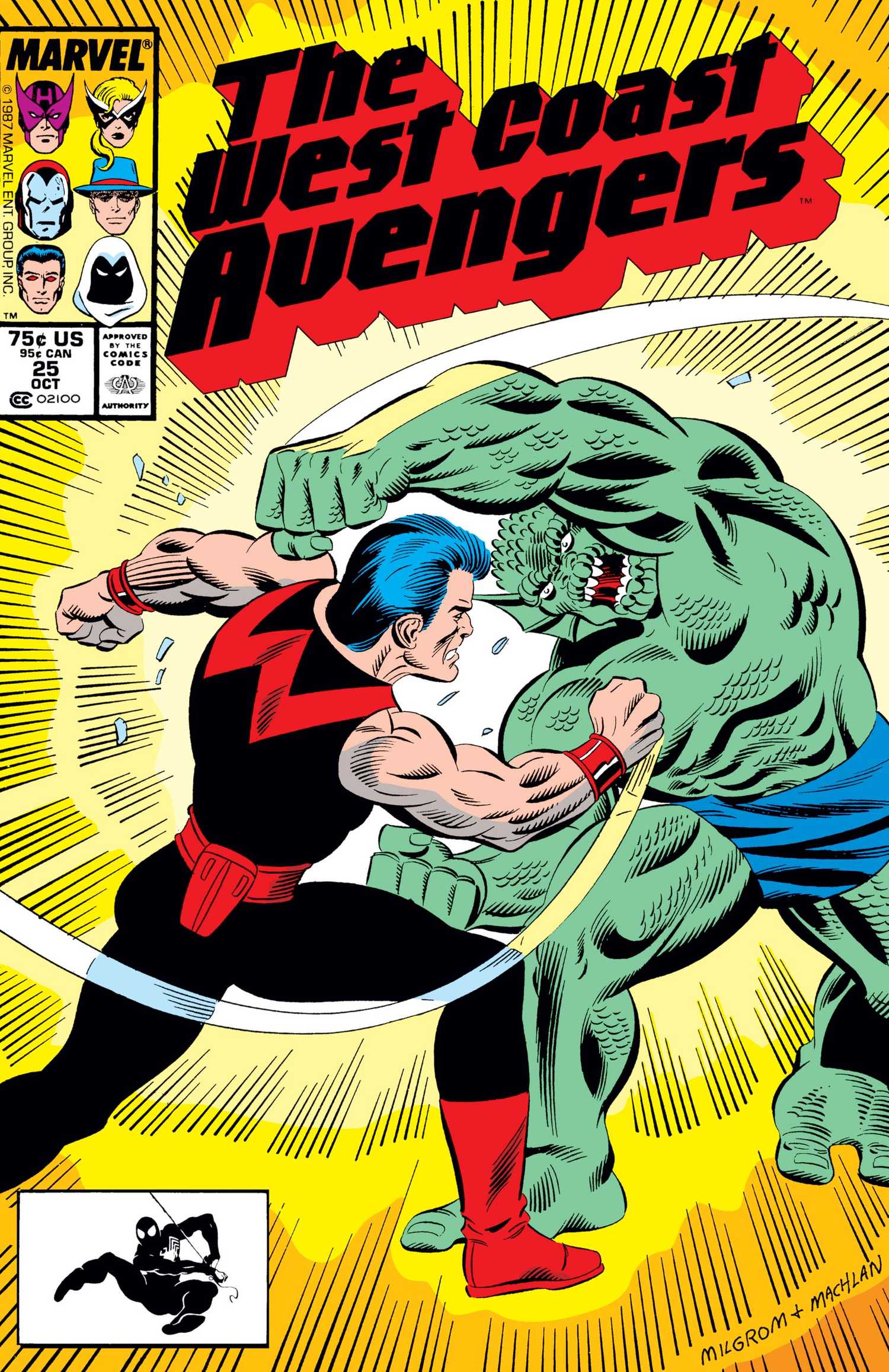 comic book cover of West Coast Avengers #25, the muscular Wonder Man and hideous Abomination are trading punches