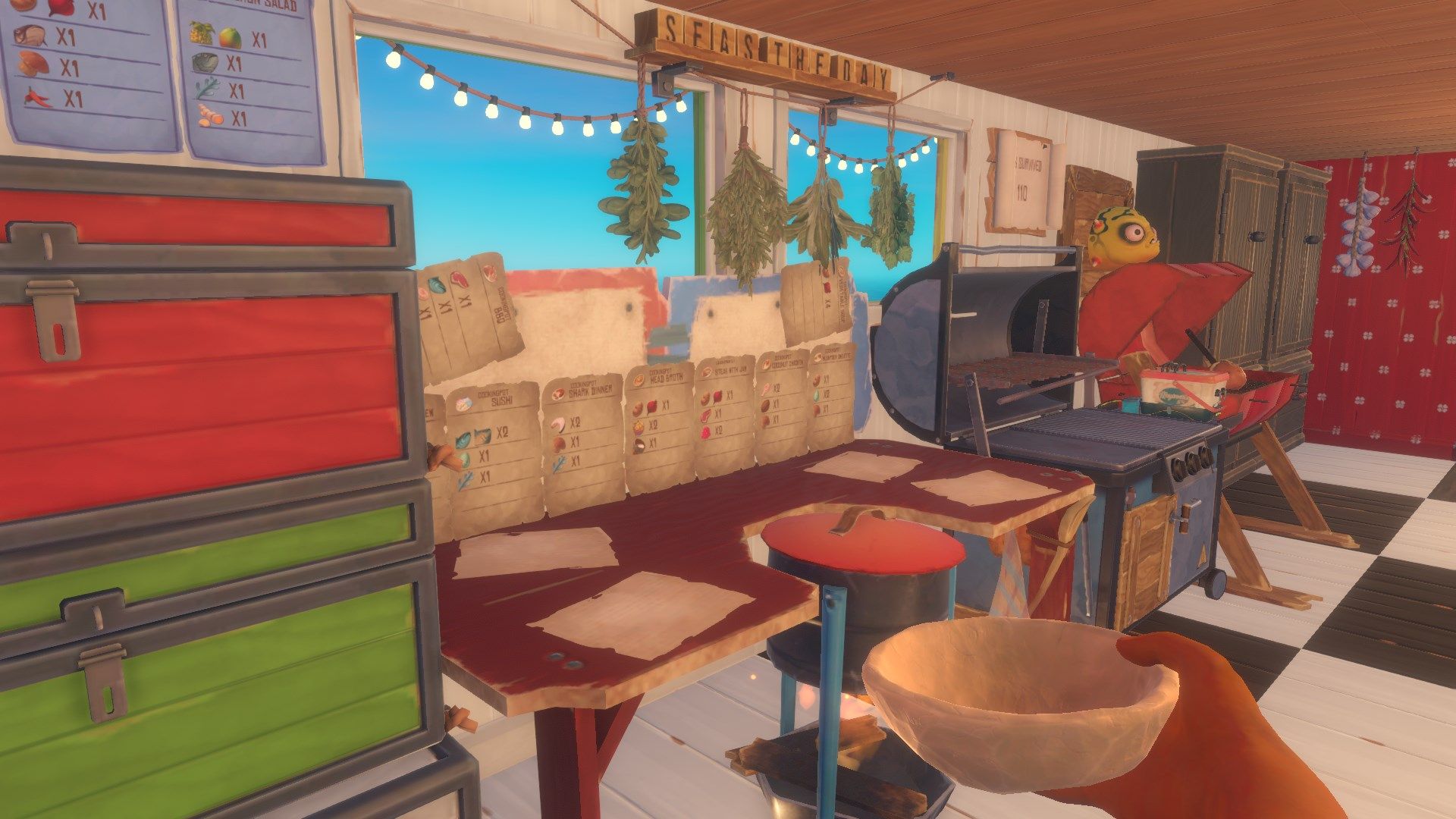 A Raft player holds a bowl in front of a Cooking Pot making some soup