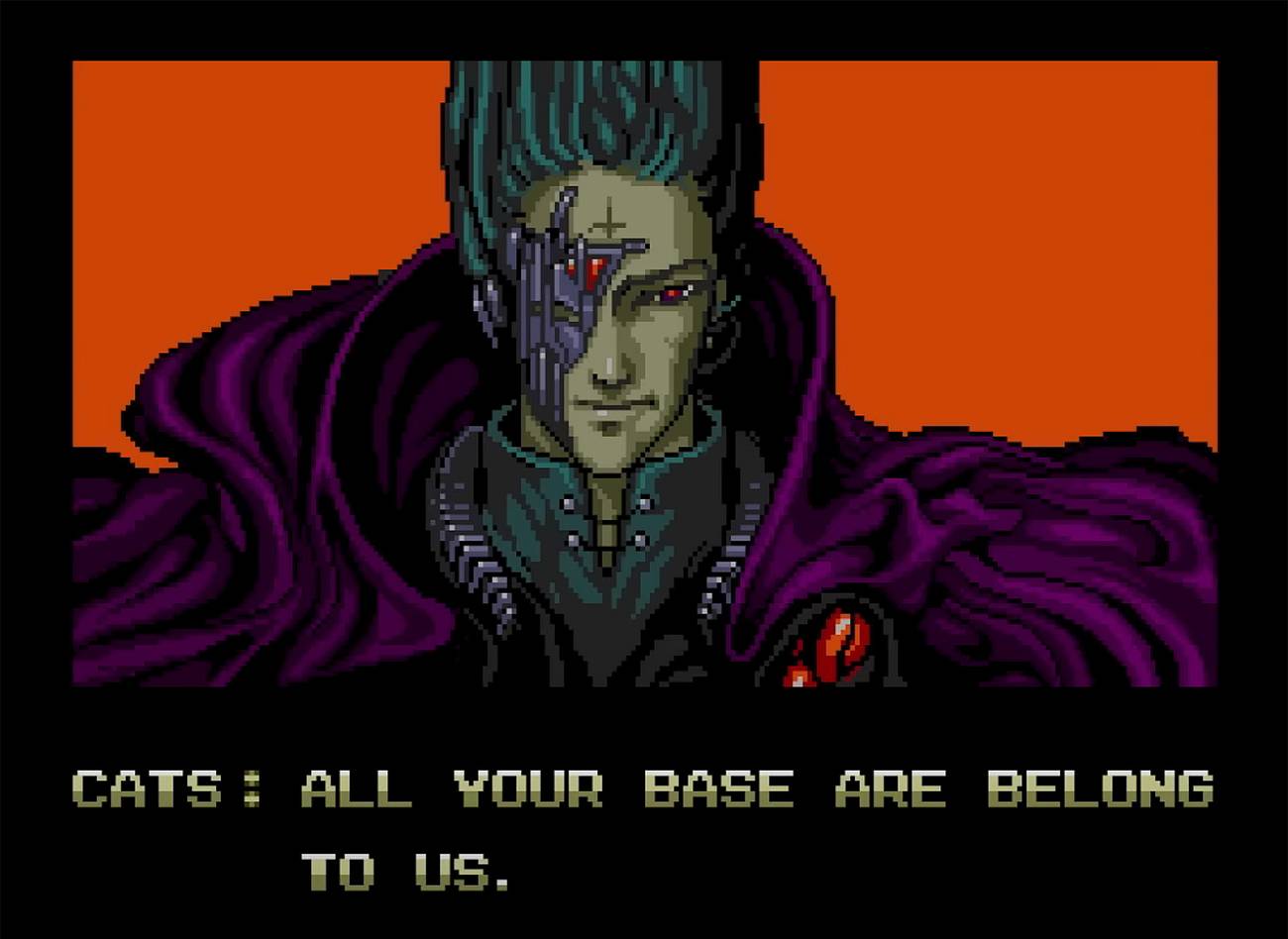 A screenshot of the opening of Zero Wing, in which Cats says, “All your base are belong to us.”