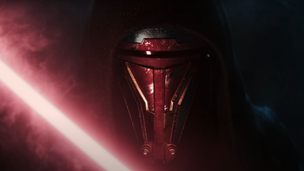Revan from Star Wars Knights of the Old Republic holds his lightsaber menacingly