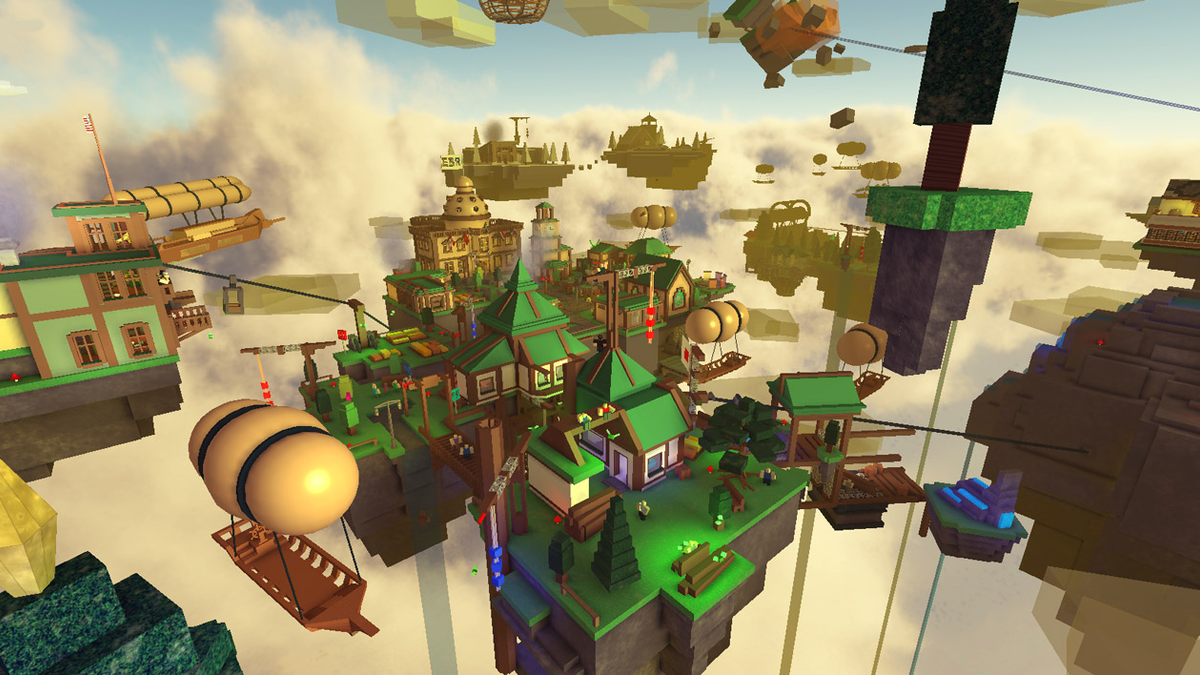 A screenshot shows a bustling city, built in Roblox, built up in the sky.